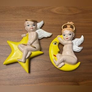 Vintage Arnel’s Ceramic Pair Of Angels/Cherubs Star & Moon Hand Painted